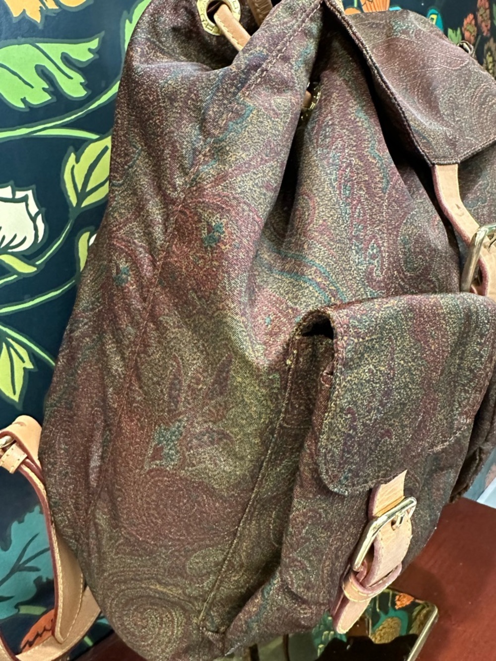 Etro Milano Vintage Paisley Backpack Leather Trim Boho Luxury Italy - Picture 6 of 13